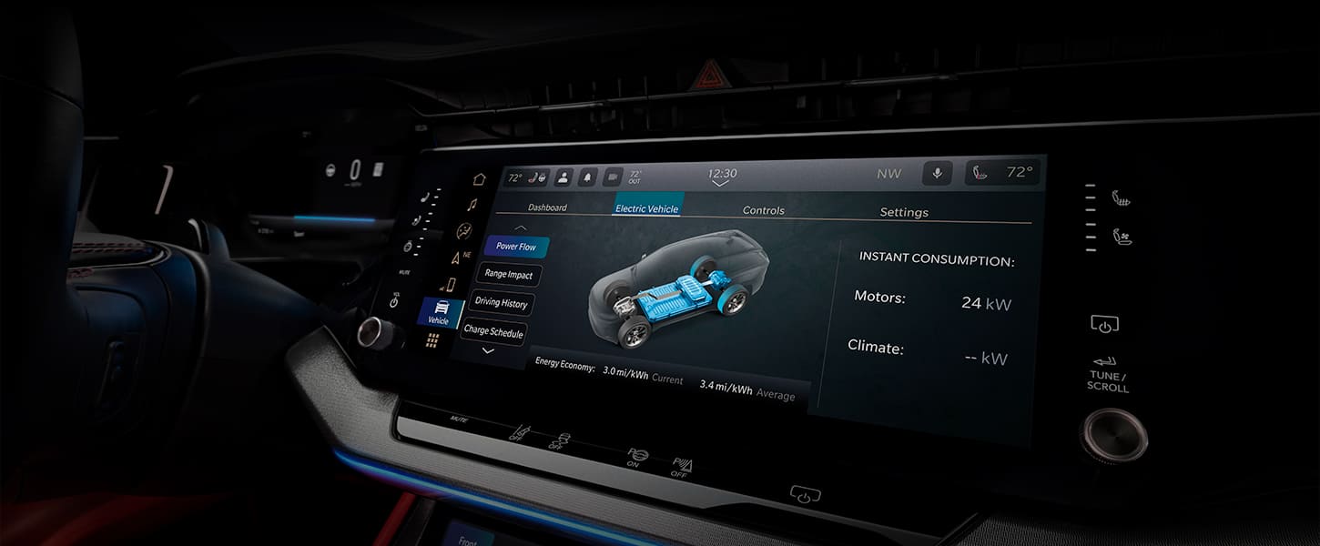 The Uconnect touchscreen in the 2024 Jeep Wagoneer S Launch Edition displaying the Power Flow data.