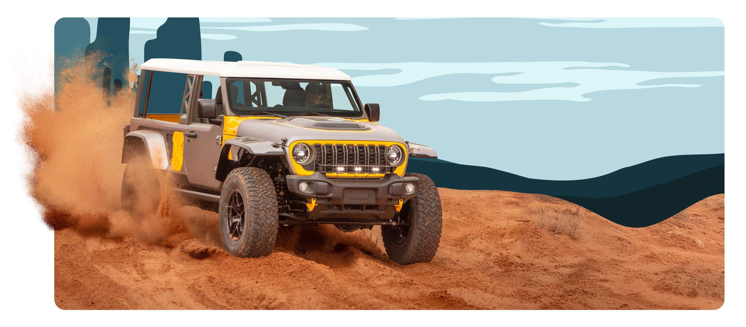 A passenger-side front angle of a gray, white and yellow 2025 Jeep Bug Out 4xe Concept vehicle on an illustrated background.
